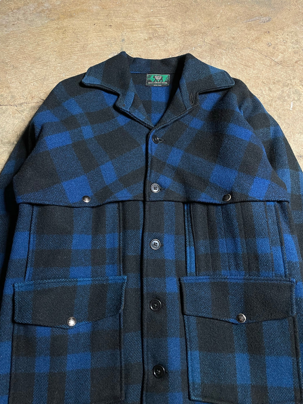 50’s/60’s Black & Blue Buffalo Check Black Bear Wool Coat - L